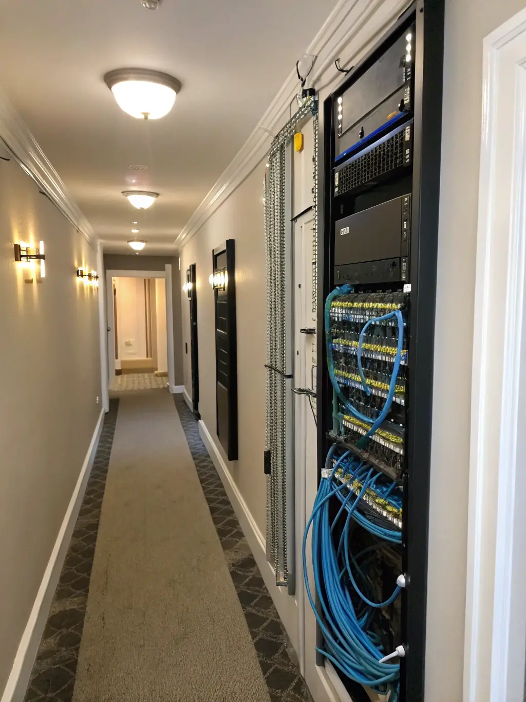 A clean and organized warehouse environment with structured cabling and Wi-Fi access points, highlighting DataTel 360's ability to optimize warehouse connectivity.