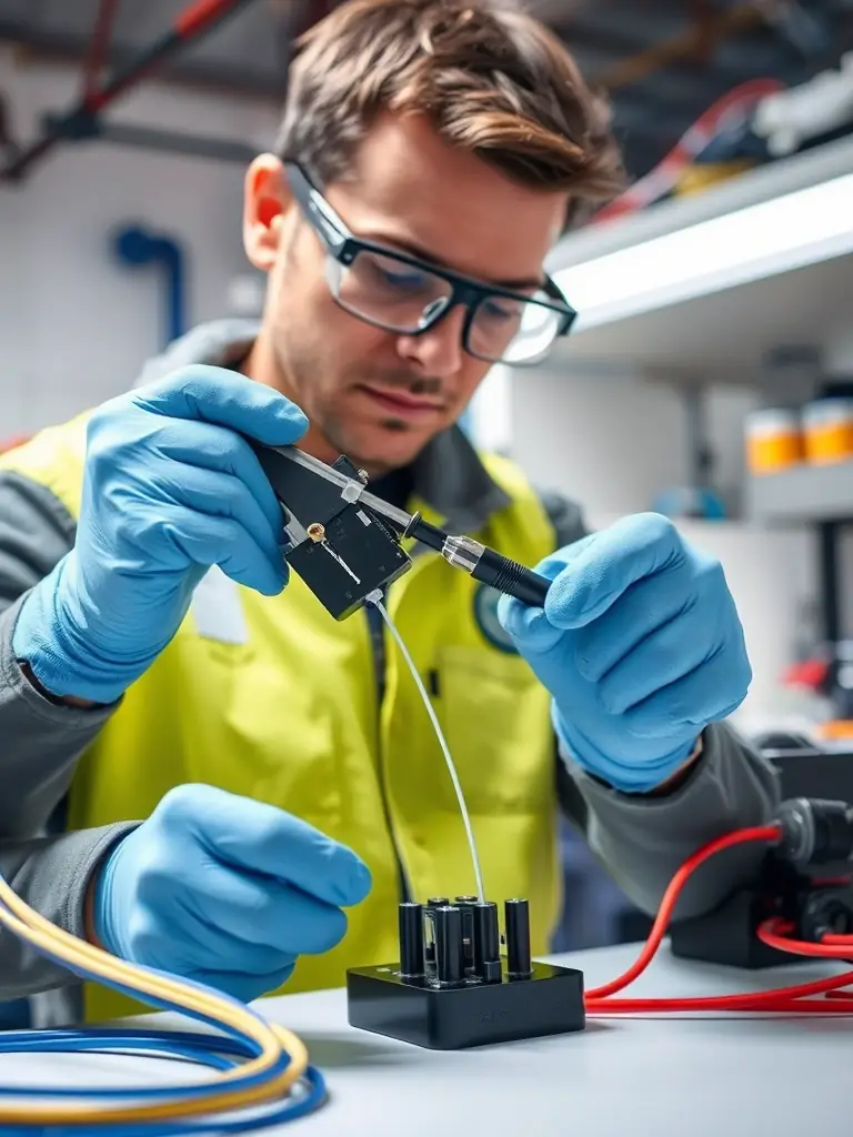 Technicians splicing fiber optic cables with precision tools, showcasing DataTel 360's expertise in fiber installation and repair. The image should emphasize the technical skill involved.