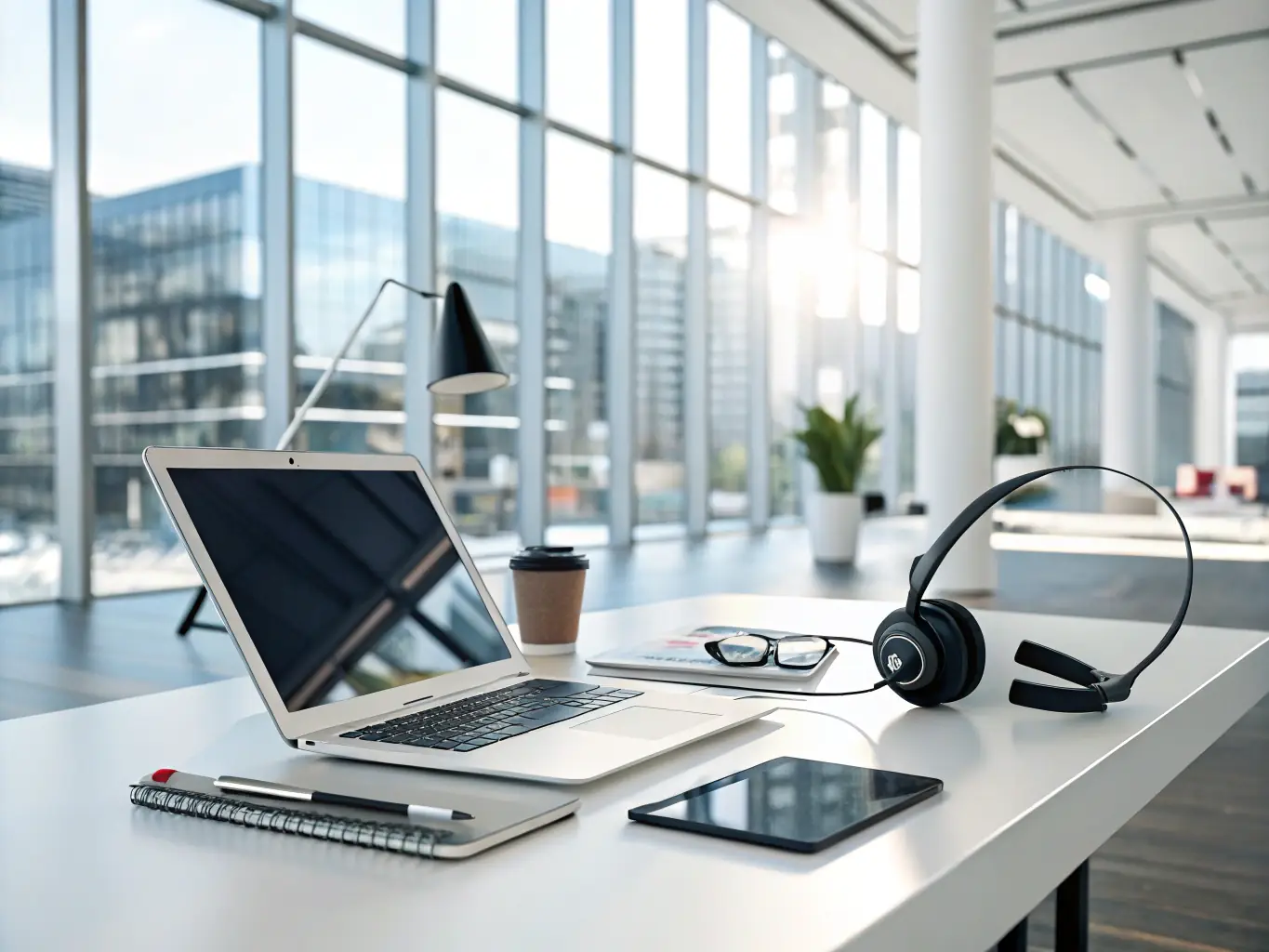 A professional office setting with a modern desk phone prominently displayed, showcasing its sleek design and user-friendly interface, with a blurred background of employees working collaboratively.