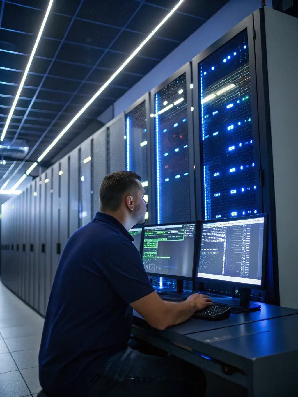 A photo of a DataTel 360 technician efficiently troubleshooting a server issue in a data center, highlighting their expertise and quick problem-solving skills.