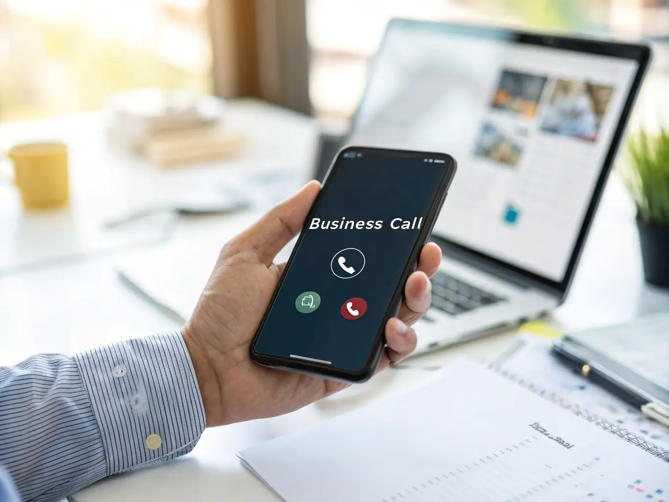 A person seamlessly transitioning a call from their desk phone to their mobile device, highlighting the integrated mobile capabilities of the VoIP system.