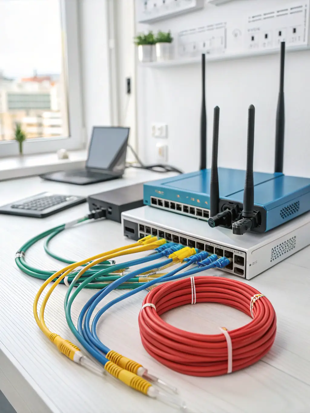 A clean and organized MDF room with clearly labeled cables and well-mounted equipment, showcasing excellent cable management.