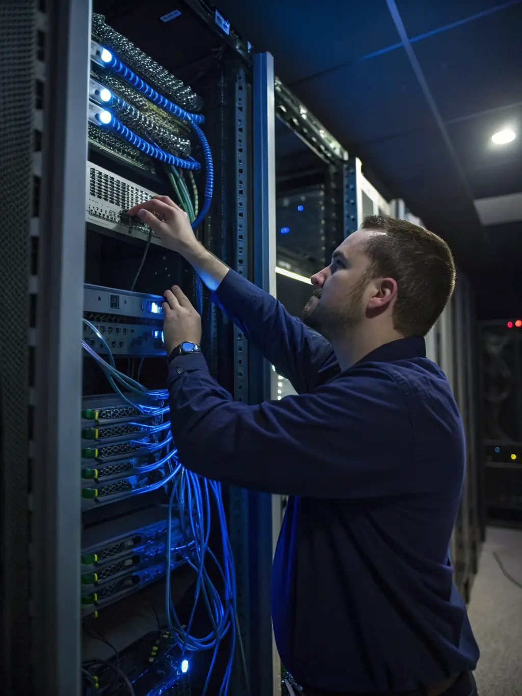 A professional installer neatly terminating Cat6 cables into a patch panel in a server room, showcasing attention to detail and organization.