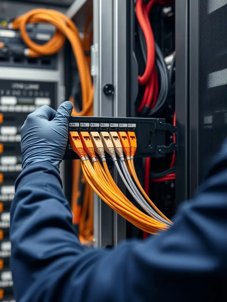 A close-up shot of a DataTel 360 technician meticulously installing structured cabling in a server room, highlighting the precision and attention to detail.