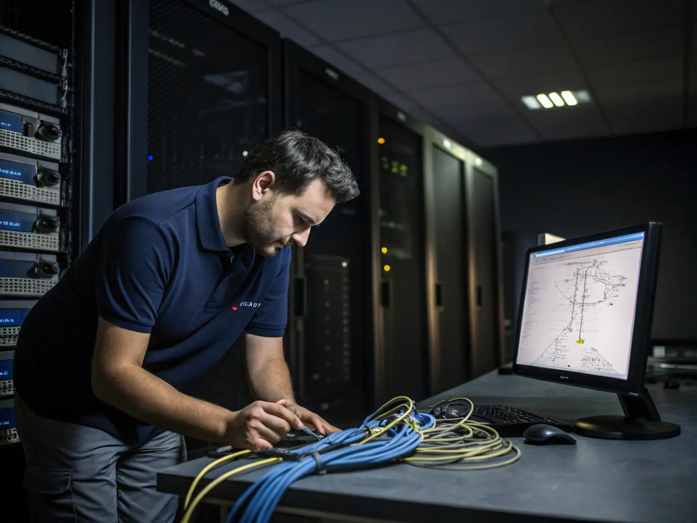 A professional IT technician working diligently on network cabling in a modern office environment, symbolizing DataTel 360's commitment to quality infrastructure.