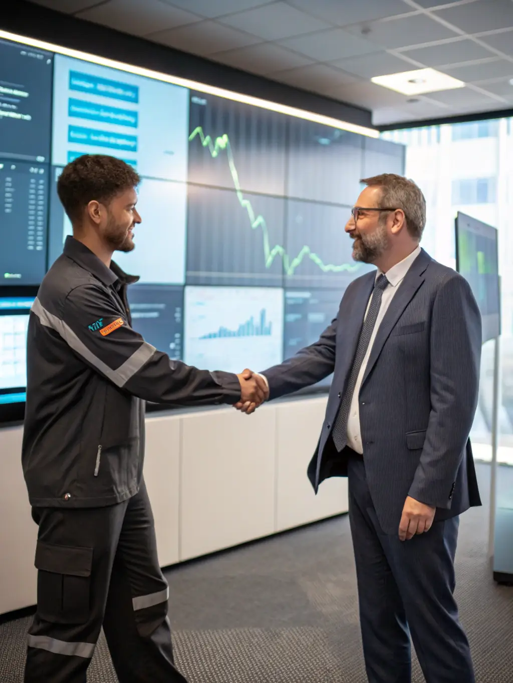 A satisfied client shaking hands with a DataTel 360 technician after a successful network wiring installation, symbolizing customer satisfaction.