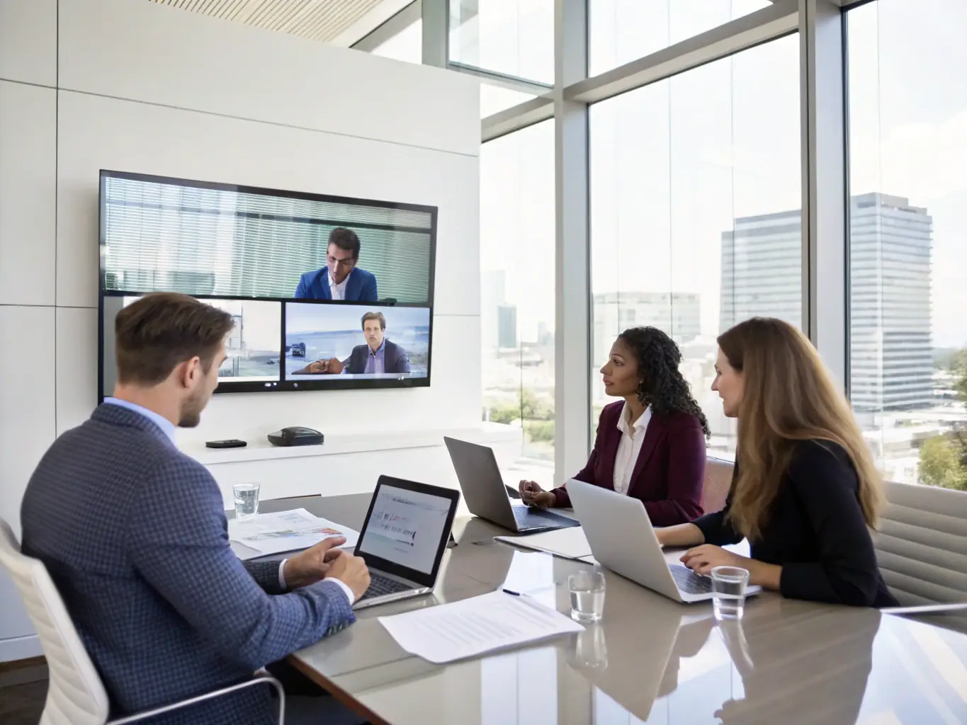 A modern office space with a small team collaborating around a table, using IP phones and laptops, representing a small business phone system setup.