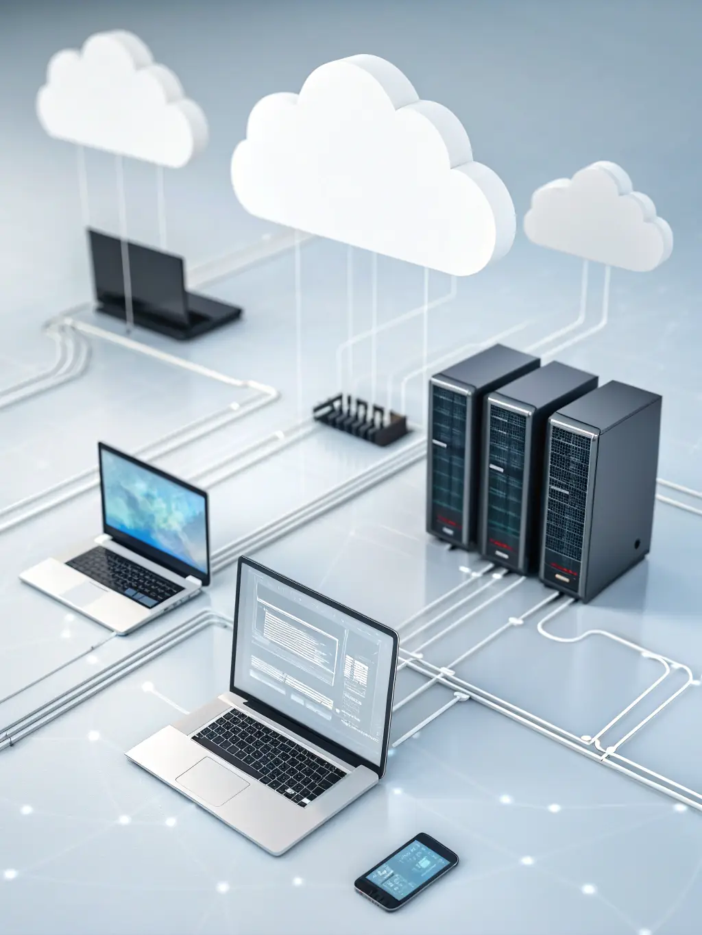 A diagram illustrating a cloud-based phone system architecture, emphasizing its scalability and accessibility, with various devices connected.