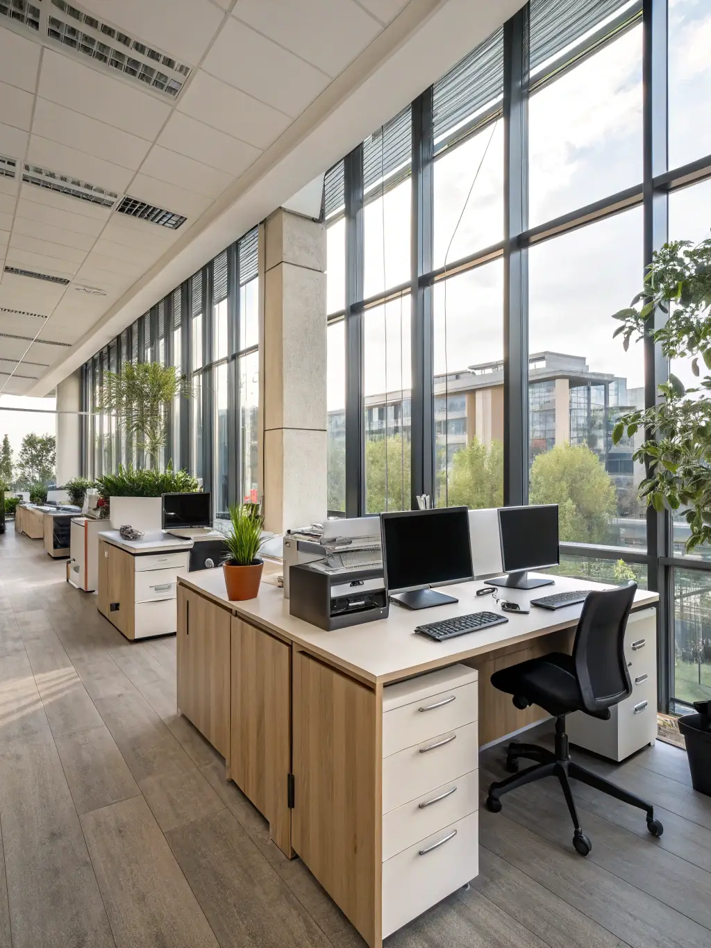 A brightly lit modern office space with employees working at desks, showcasing a clean and efficient network setup. The image emphasizes organization and productivity.