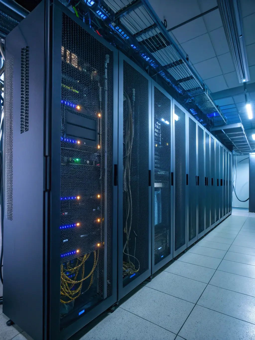 A server rack with various network devices, highlighting the complexity and reliability of on-premise server solutions, in a data center environment.