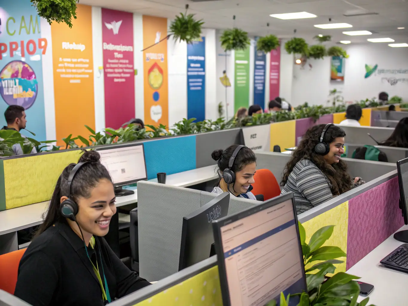 A bustling call center environment with agents wearing headsets and working on computers, illustrating an enterprise-level phone system in action.