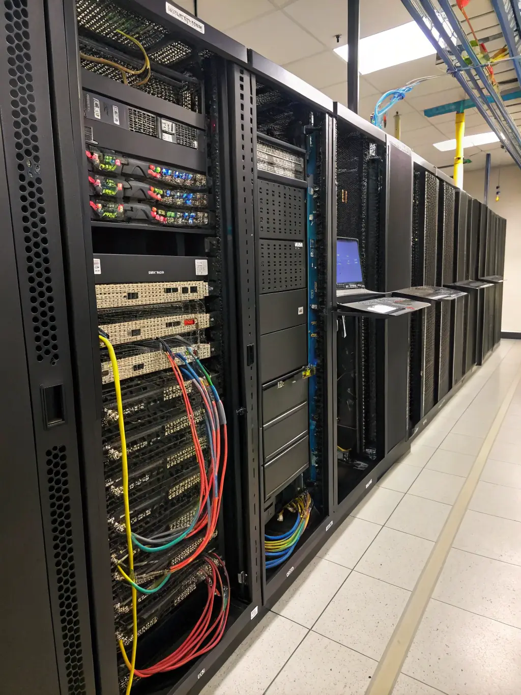 A well-organized server rack with neatly arranged patch panels and cables, demonstrating DataTel 360's attention to detail in rack and patch panel setups.
