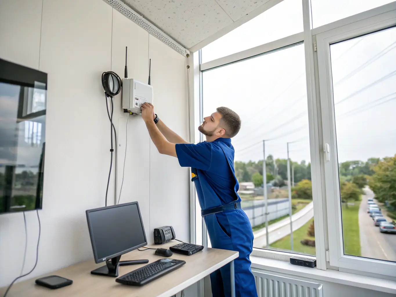 A wireless access point being installed on an office ceiling, demonstrating DataTel 360's expertise in WiFi cabling and network infrastructure.