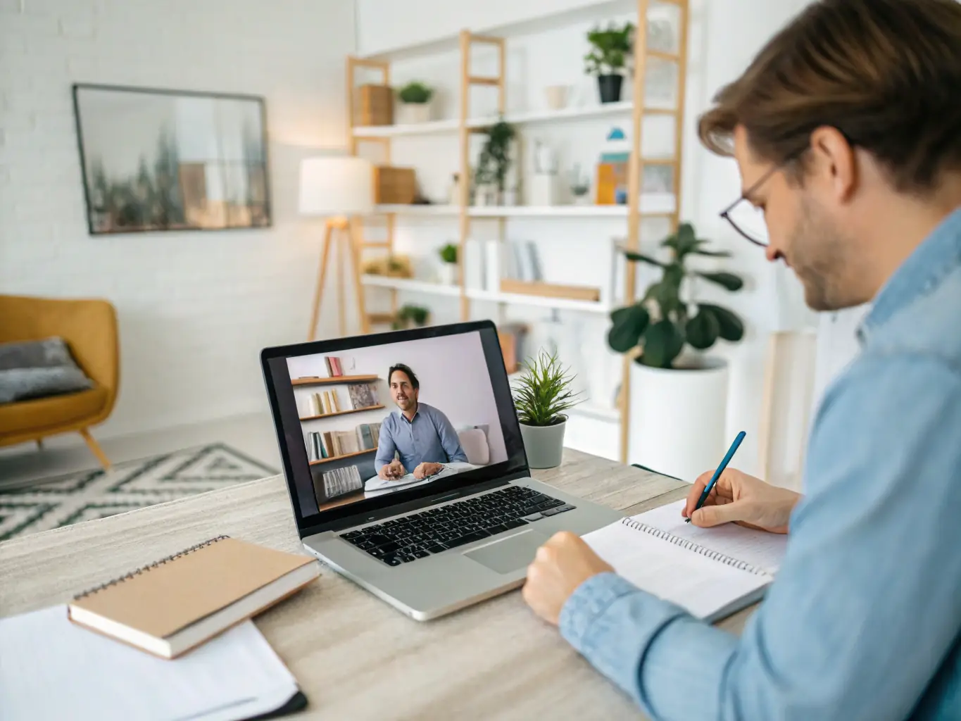 A person using a softphone application on their laptop while working remotely from a home office, emphasizing the flexibility and accessibility of the VoIP system.