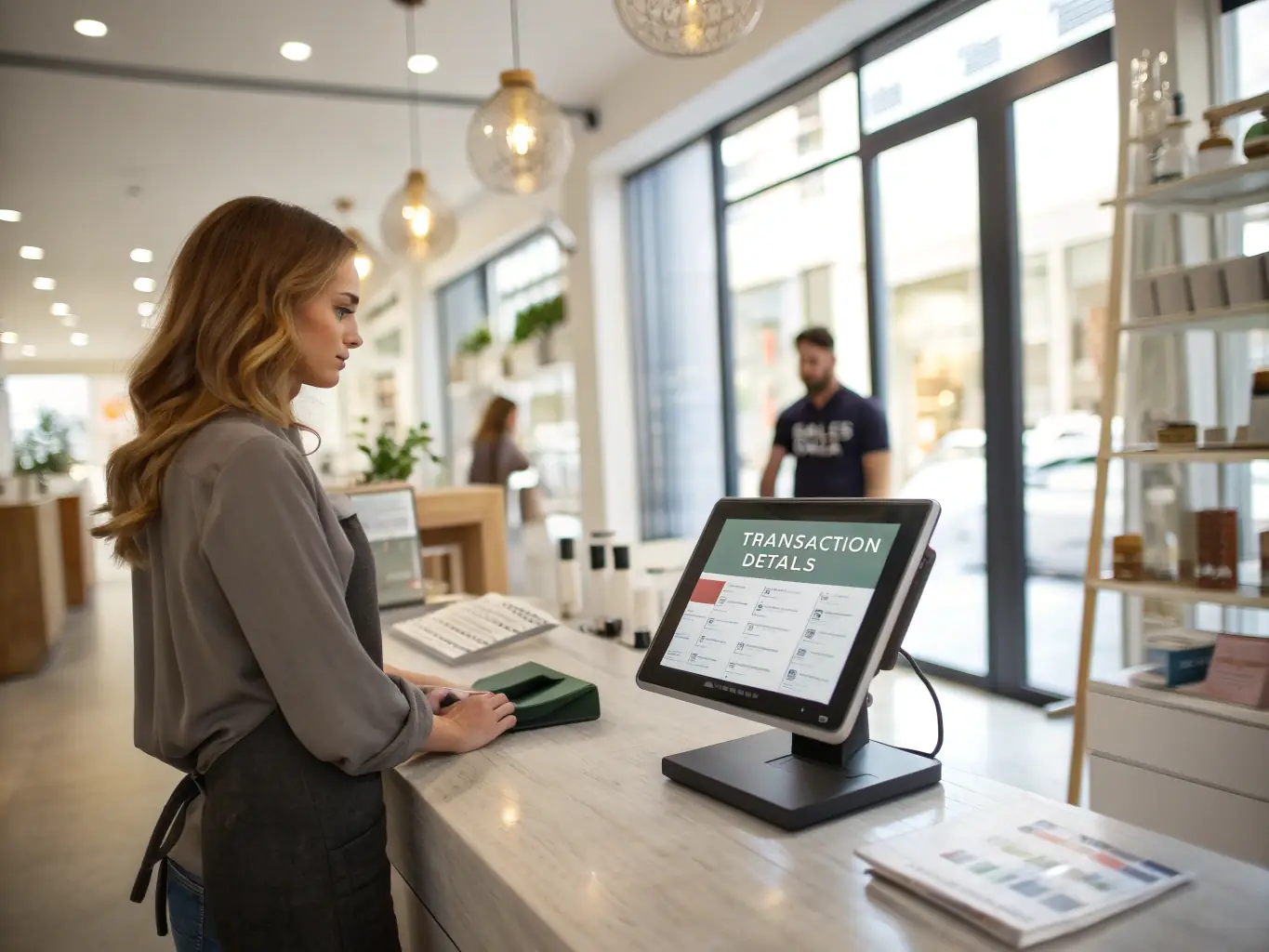 Retail store with point-of-sale systems and customer interactions.
