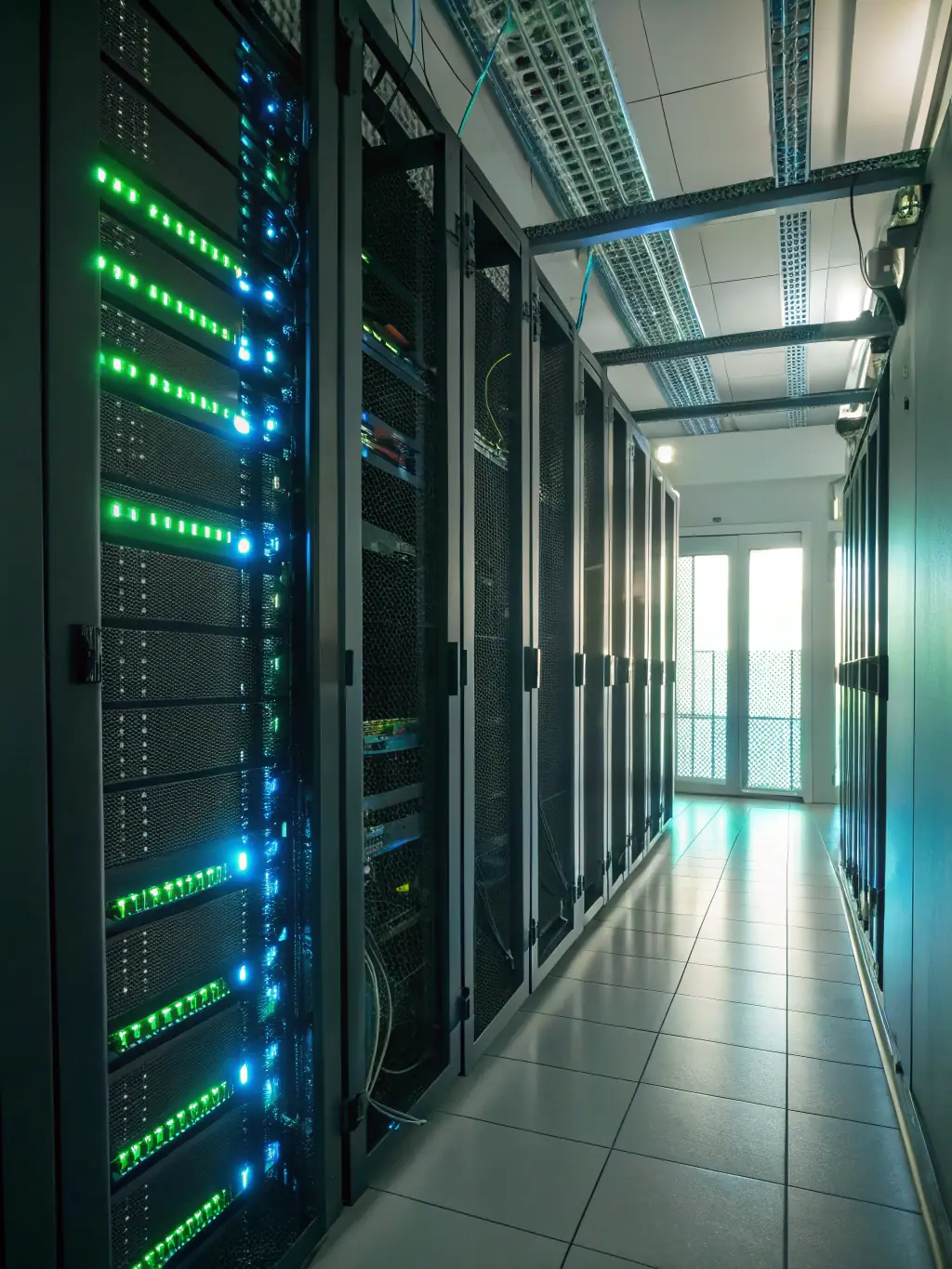 A server room with multiple servers and blinking lights, emphasizing network redundancy and failover capabilities.