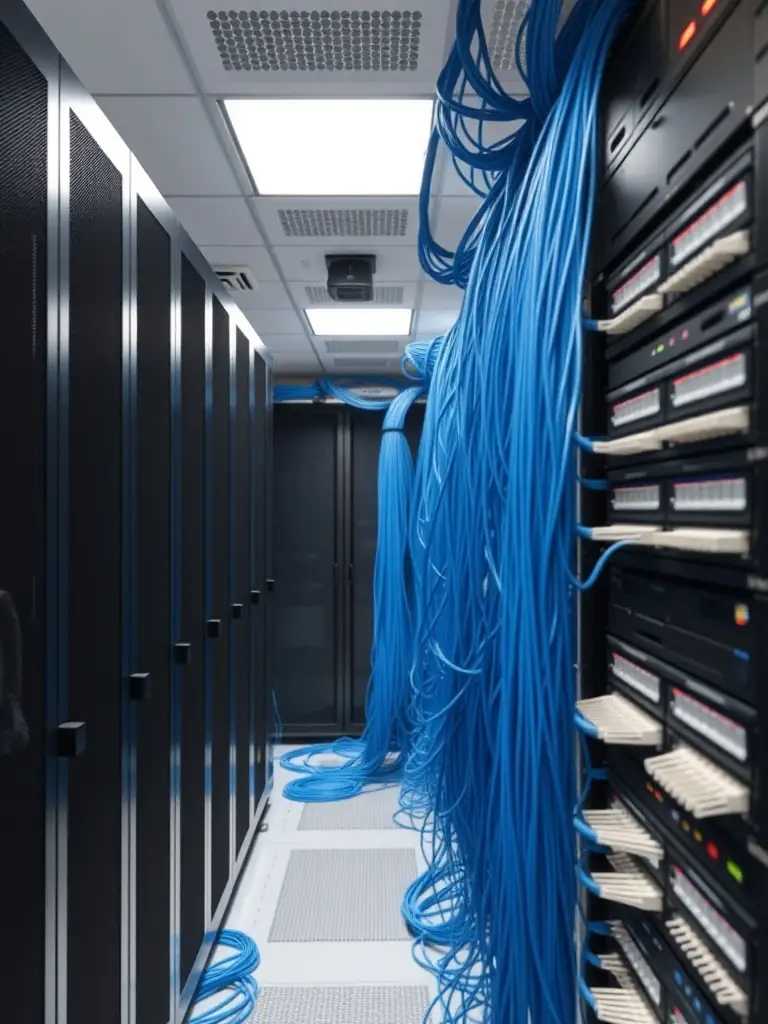 A close-up shot of a perfectly organized and labeled Cat6 cable installation in a server room, highlighting the neatness and professionalism of DataTel 360's work. The cables are color-coded and clearly labeled, demonstrating attention to detail.