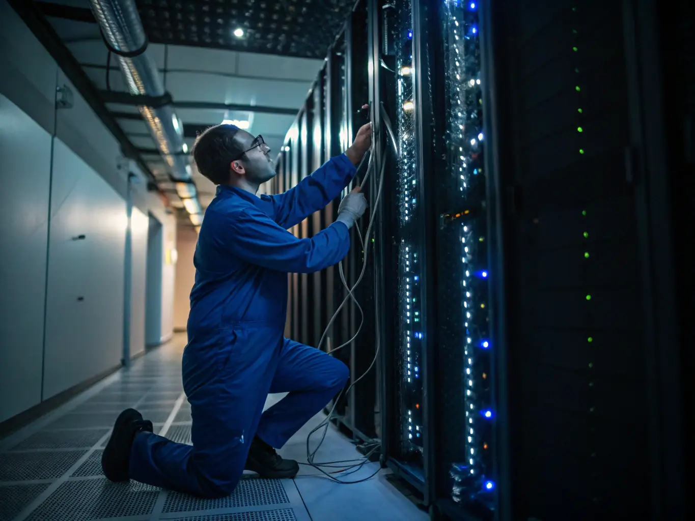 A technician in a data center environment performing a rack and stack operation, carefully installing a server into a rack.
