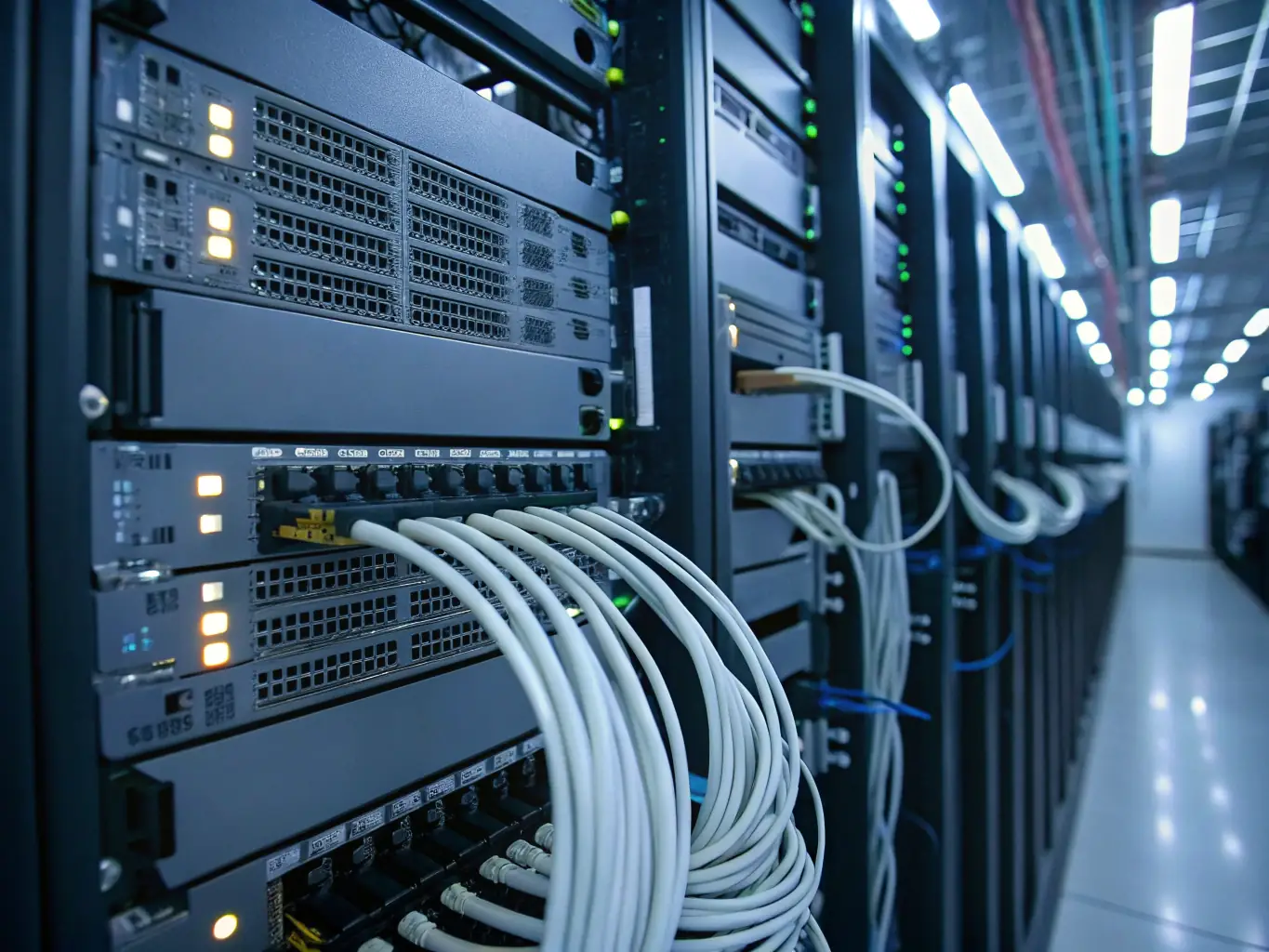 A close-up shot of neatly organized and labeled network cables in a server room, showcasing DataTel 360's commitment to clean and professional installations.