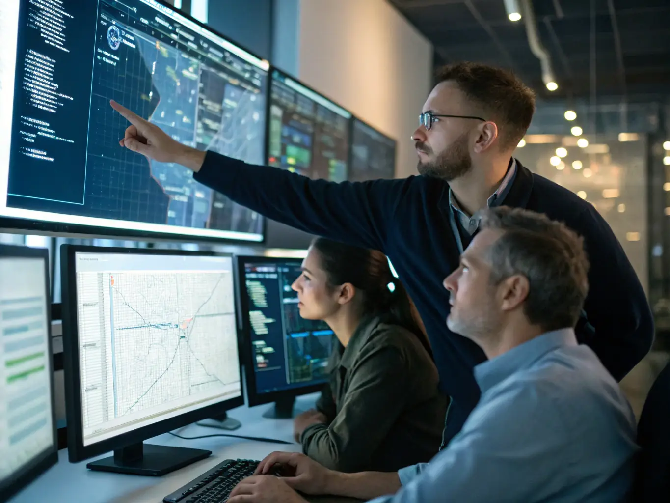 A team of DataTel 360 engineers working on a complex network infrastructure project, highlighting their expertise and collaborative approach.