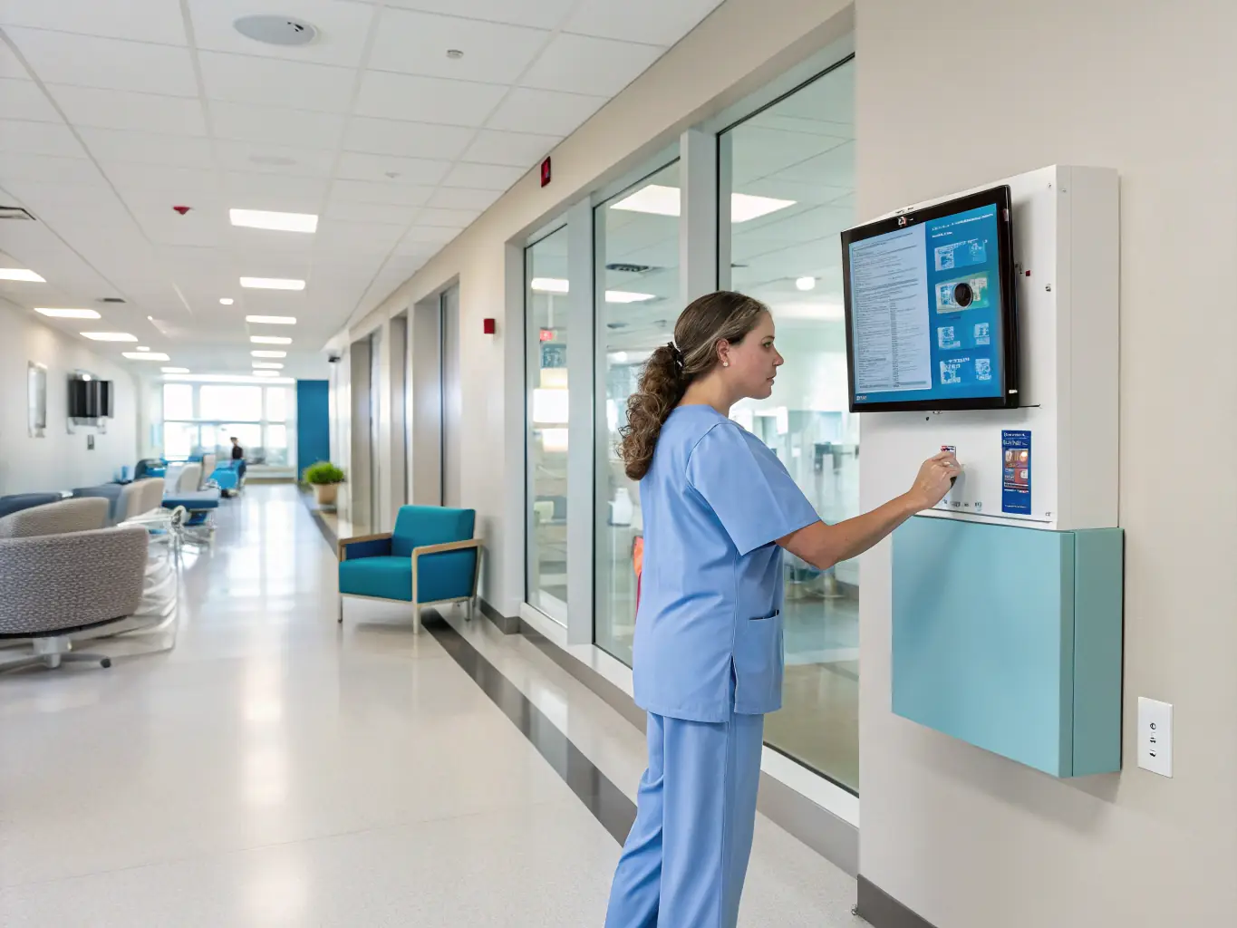 Healthcare facility with medical equipment and staff.
