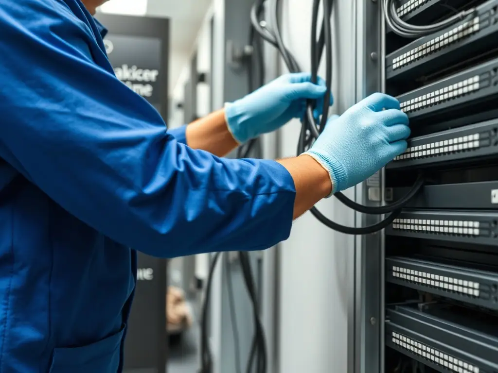 A close-up shot of Cat6 cables being installed in a modern office space, highlighting the improved performance and bandwidth capabilities of Cat6 cabling.