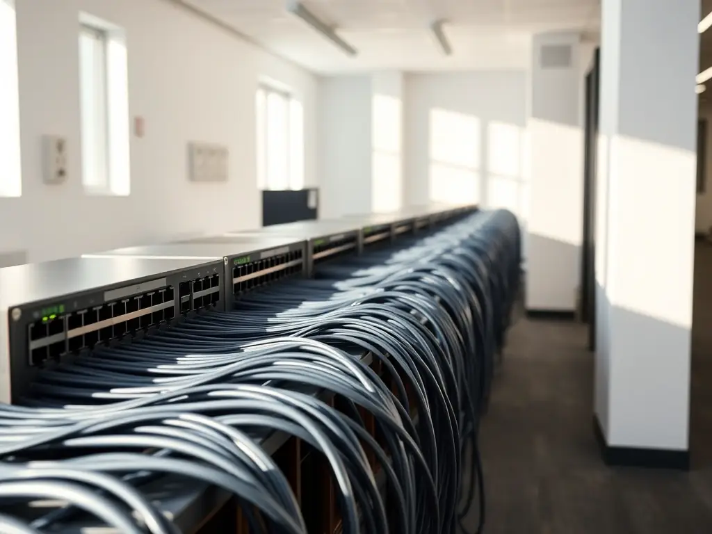 A neatly organized server room with color-coded Cat5e cables connected to patch panels and network switches, representing a standard Ethernet cabling setup for a small business.