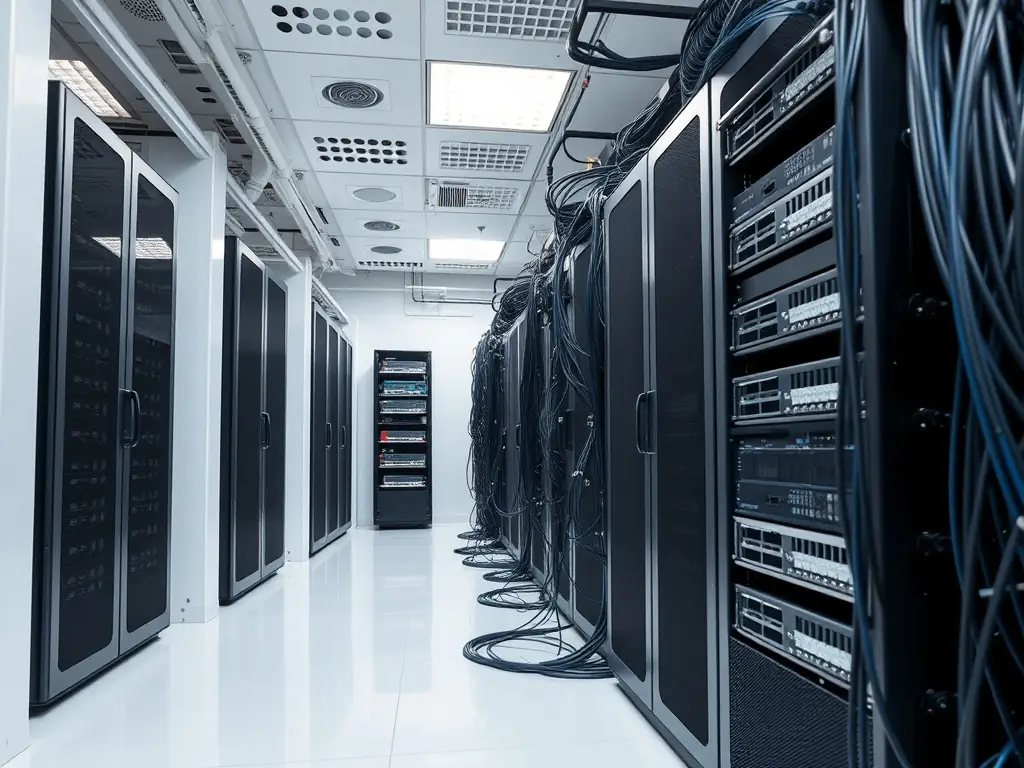 A clean and organized server room with neatly arranged Cat6 cables, patch panels, and network switches, showcasing professional cable management.