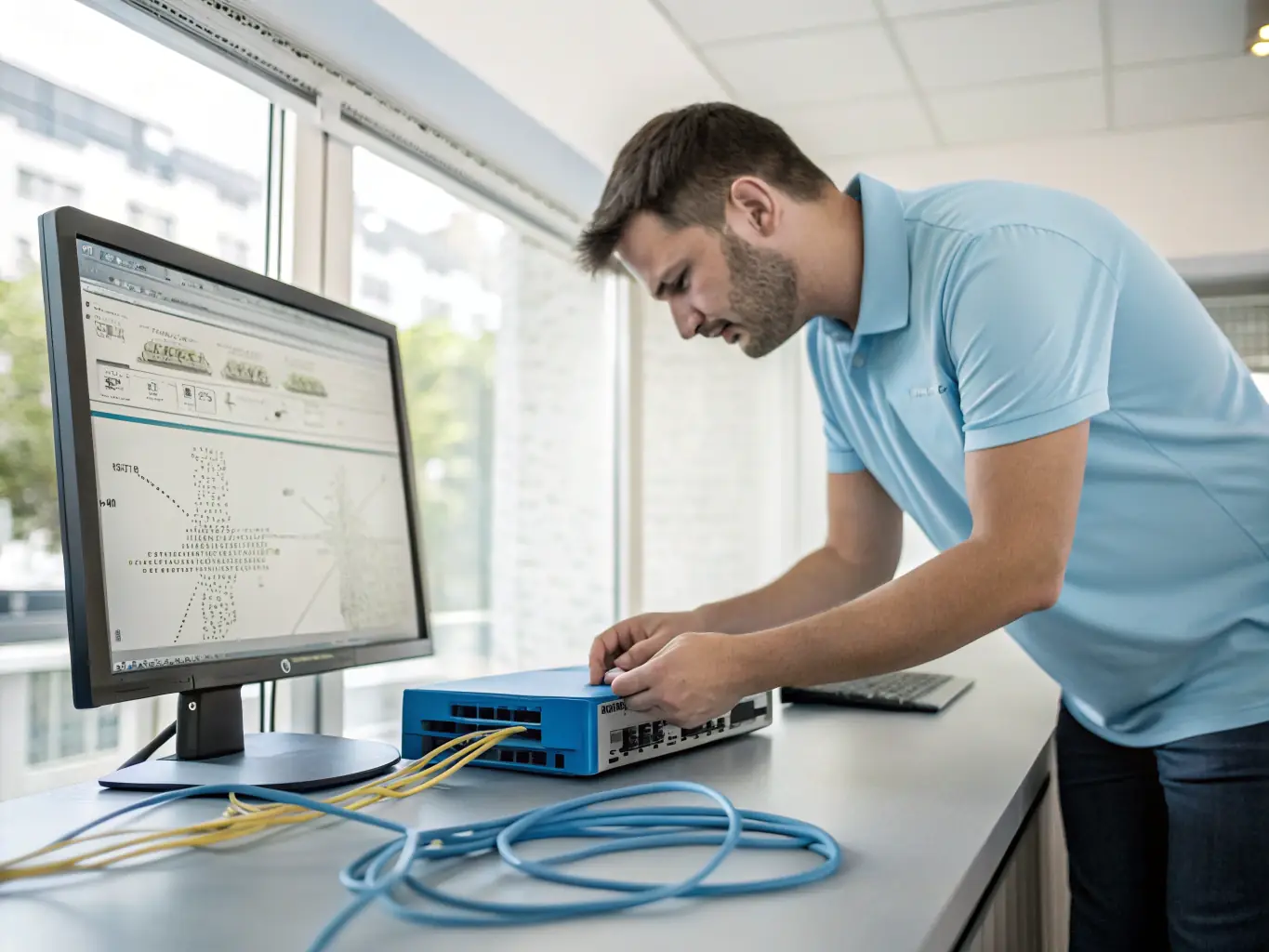 A DataTel 360 field technician providing onsite IT support at a client's office, troubleshooting a network issue.