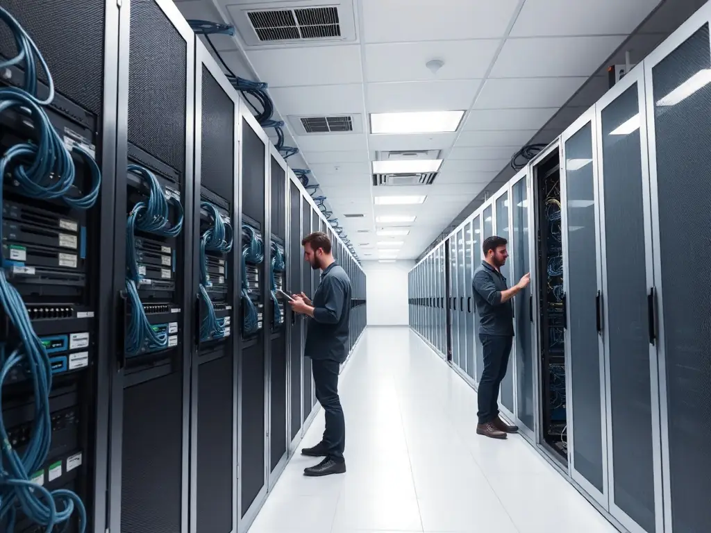 A clean and organized server room with neatly installed Cat6 cabling, patch panels, and network switches, showcasing professional network infrastructure.