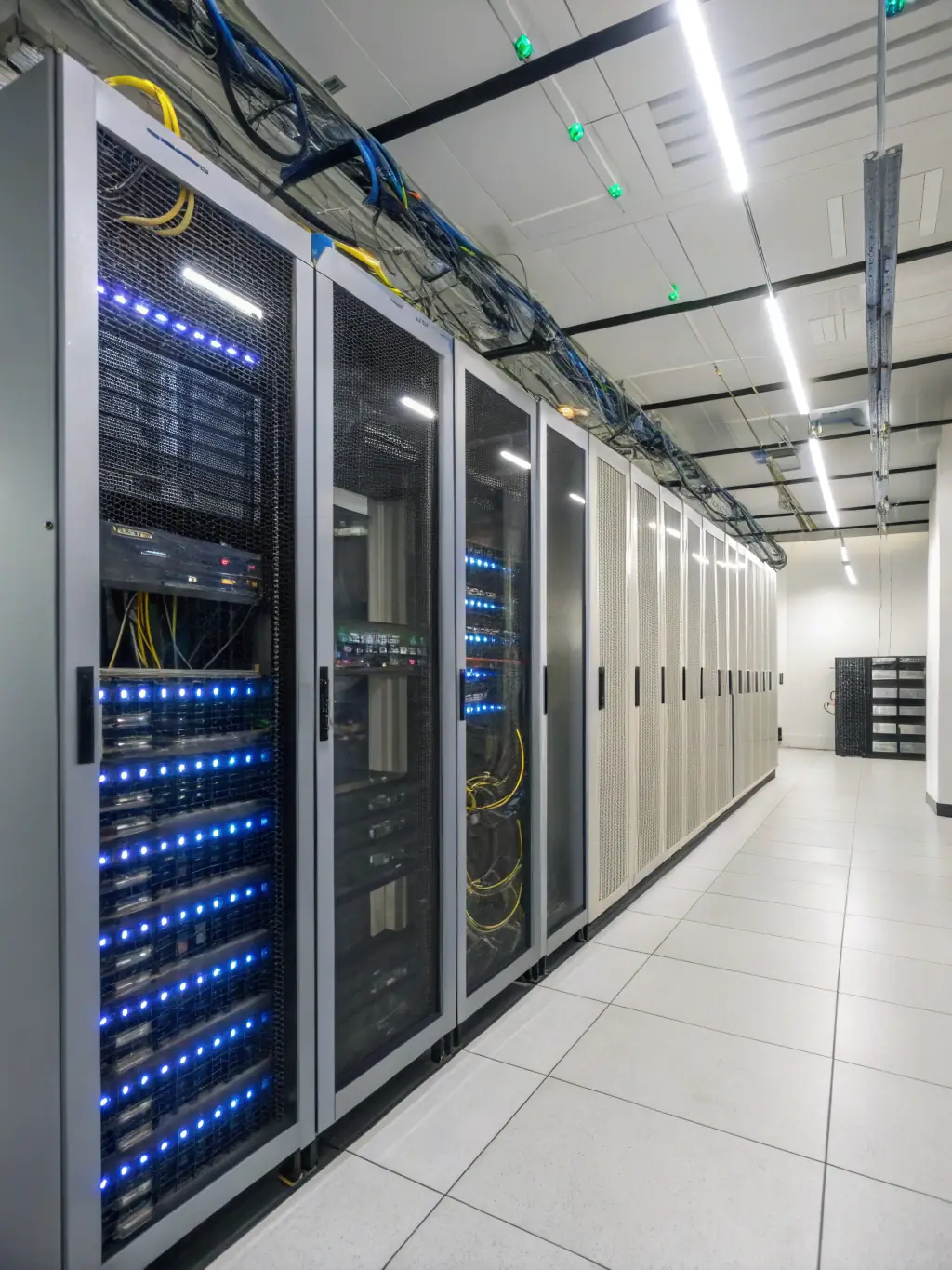 A neatly organized server room with color-coded cables, representing structured cabling services provided by DataTel 360. The image should convey professionalism and attention to detail.