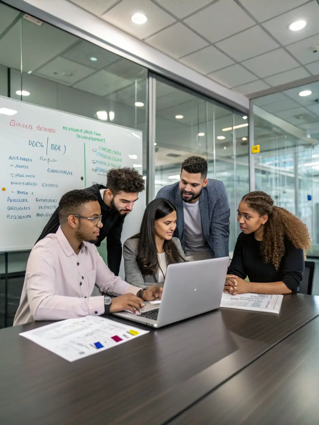 A professional photograph of a diverse team of DataTel 360 engineers collaborating on a network infrastructure project in a modern office setting. The image should convey expertise and teamwork.
