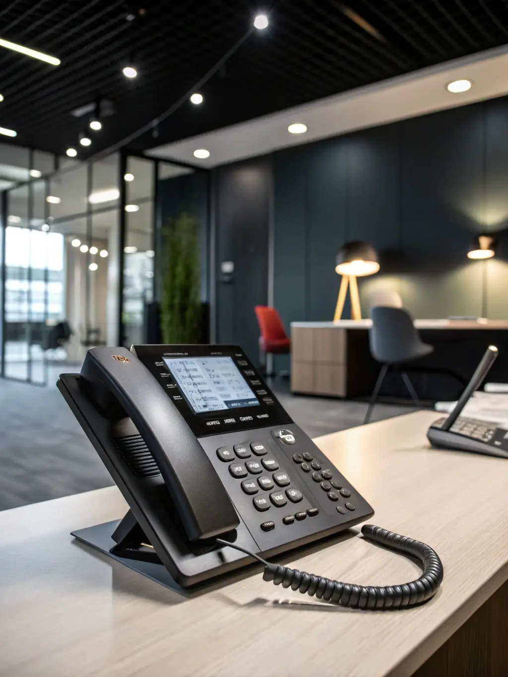 A close-up shot of a modern IP phone on a desk, showcasing its sleek design and user-friendly interface, in an office setting.