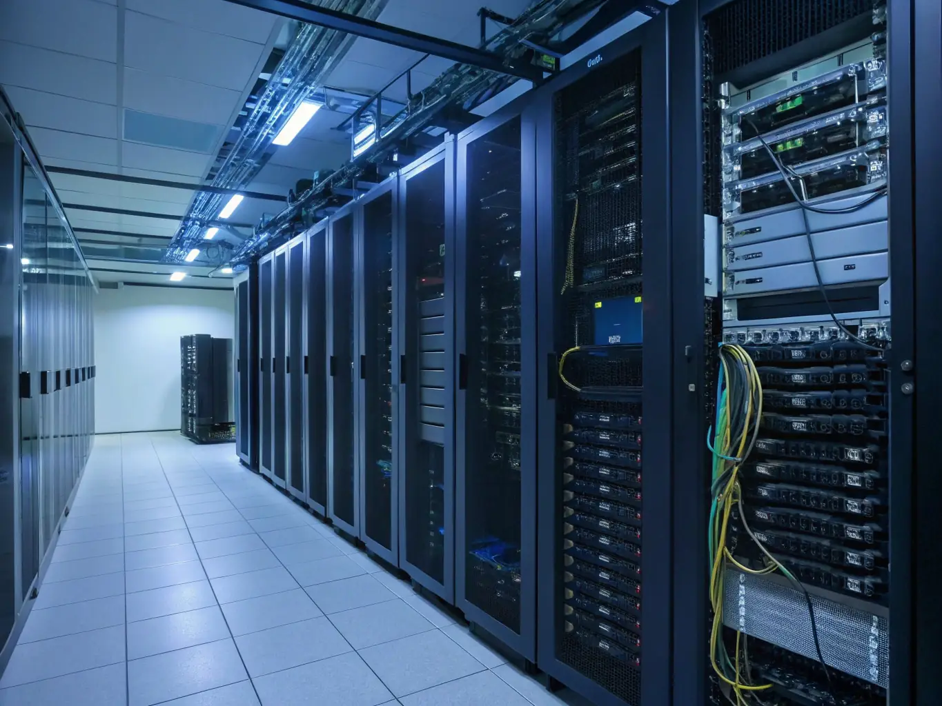 A fully populated network rack with organized cabling, power distribution units, and network devices, illustrating a well-managed and efficient network setup.