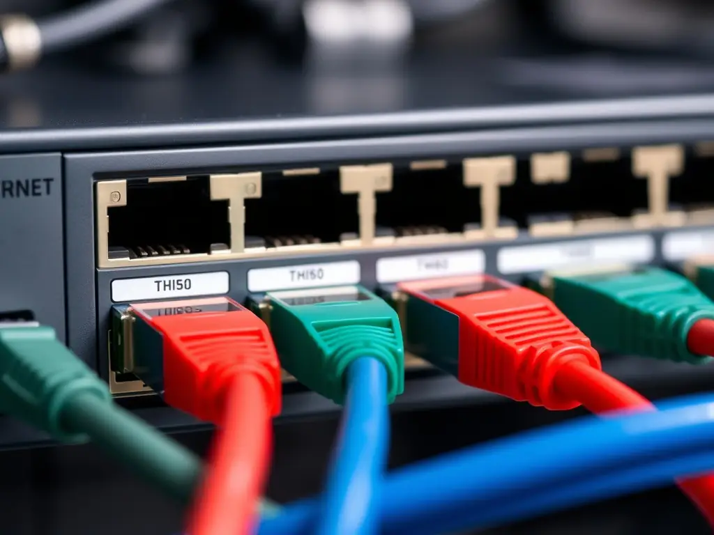 A close-up shot of a well-organized network rack with color-coded Cat6 cables, highlighting the importance of structured cabling for efficient network management.