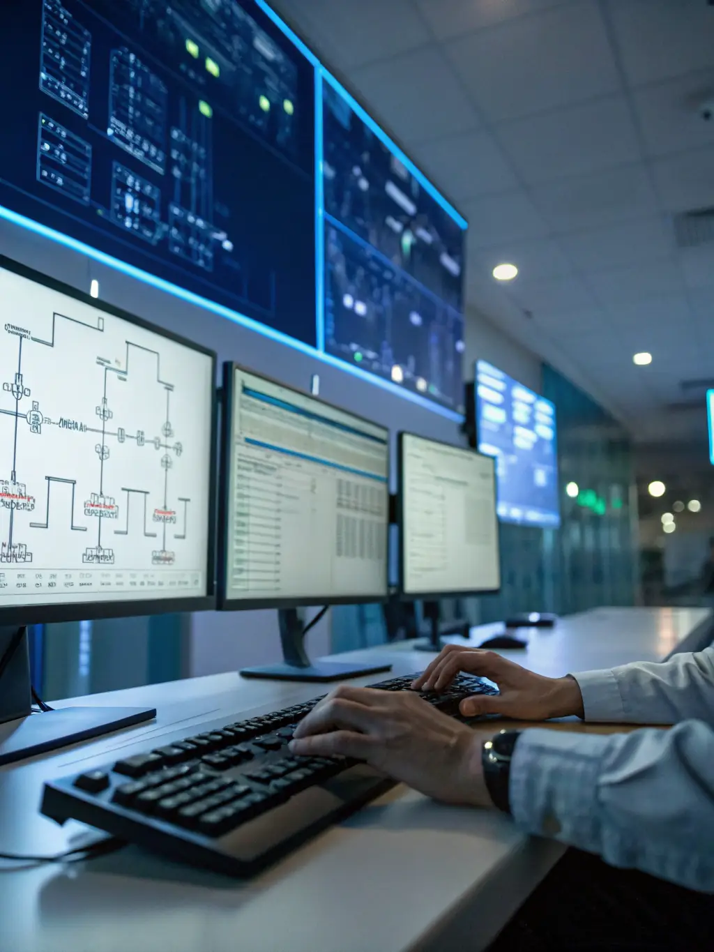 A busy healthcare facility with doctors and nurses using computers and medical devices, highlighting the critical role of a stable and secure network in patient care.