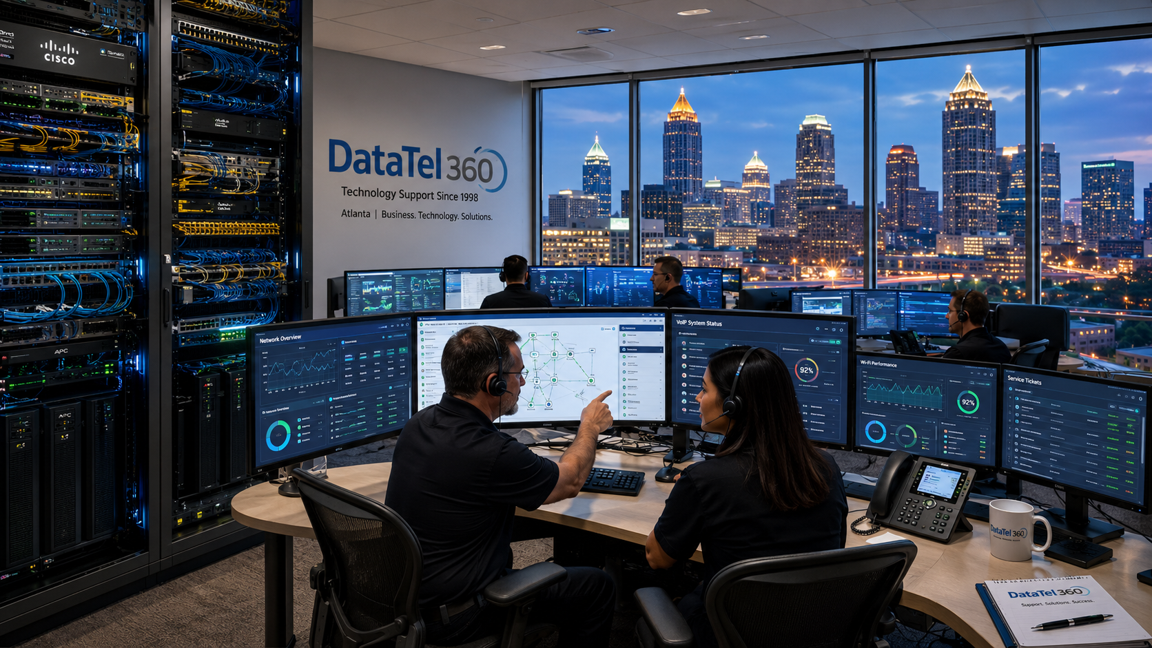 DataTel 360 Atlanta business technology support center showing telecom and IT engineers monitoring infrastructure with Atlanta skyline visible