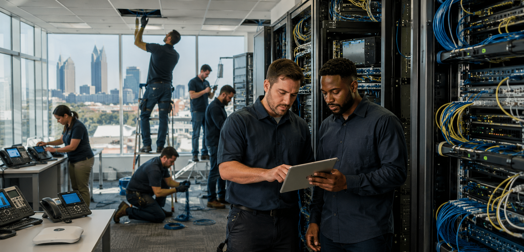 DataTel 360 telecommunications, structured cabling, and VoIP technicians at work on commercial infrastructure in Atlanta
