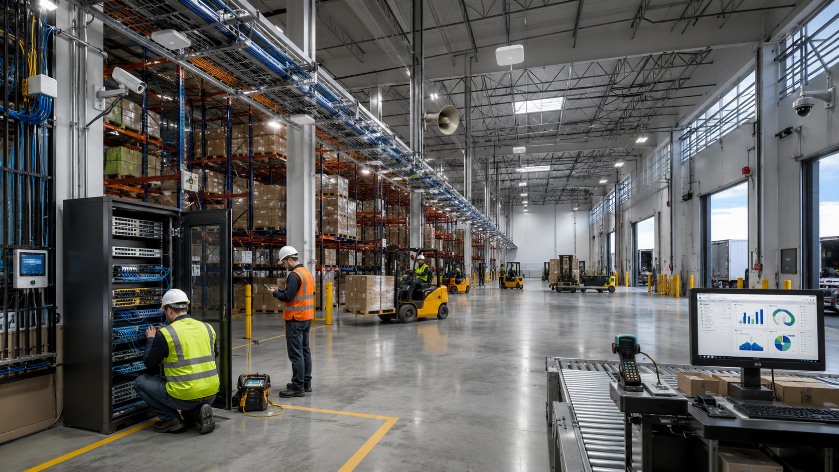 Enterprise warehouse network infrastructure featuring structured cabling, fiber optic backbone, WiFi access points, server racks, barcode scanners, forklifts, and distribution center technology installed by DataTel 360.