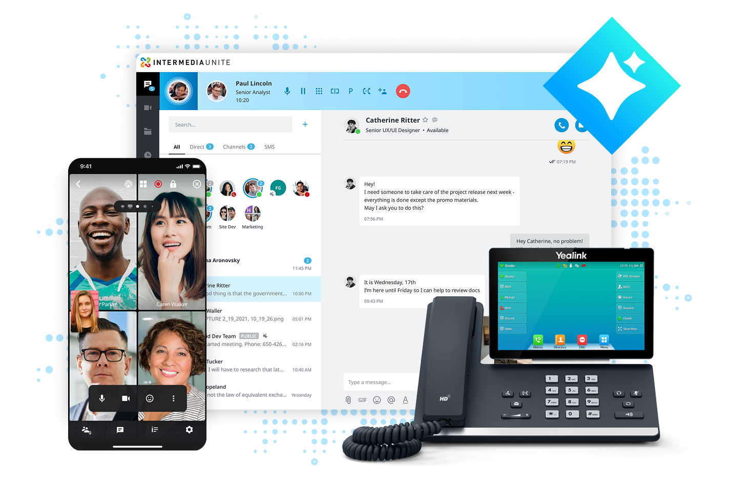 Intermedia Unite cloud phone system for Atlanta businesses, showing the desktop app with chat and call control, a mobile video meeting on a smartphone, and a Yealink IP desk phone
