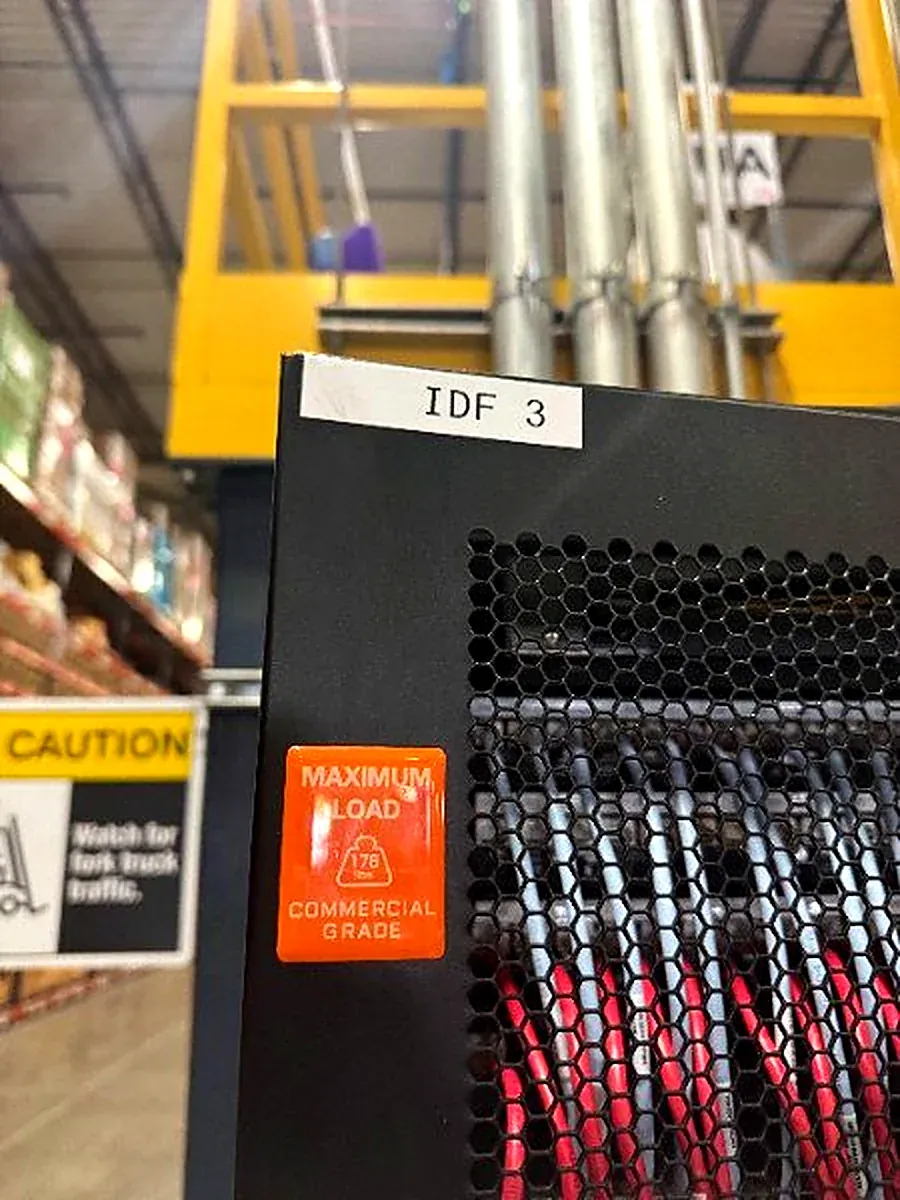 Rack labeled IDF 3 with color-coded patch cabling on a warehouse floor